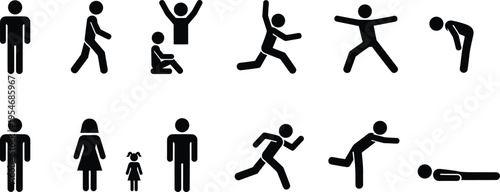 Black silhouette vector illustration showing diverse human stick figures in multiple poses including standing, walking, running, sitting, and stretching