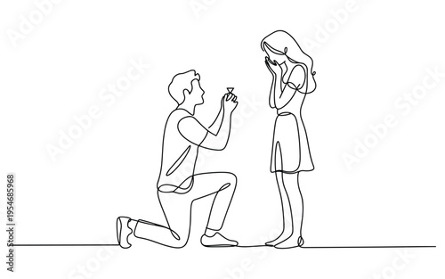 Man Proposing Marriage with Ring to Woman on One Knee Line Art Illustration