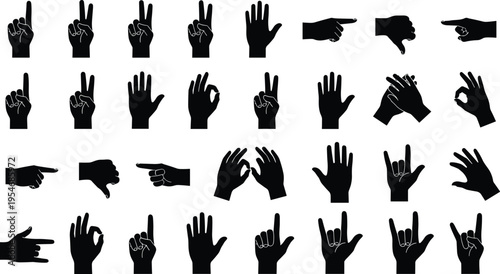 Black silhouette vector illustration showing diverse hand gestures including peace, thumbs up, pointing, OK sign, and I love you