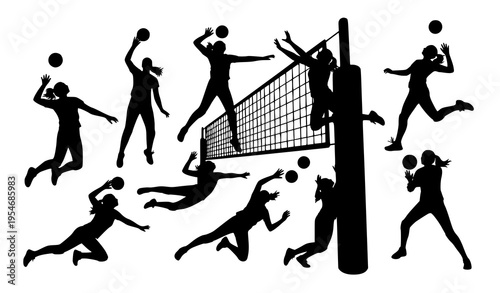Female volleyball player silhouette set with dynamic action poses including spike serve block and dive isolated vector