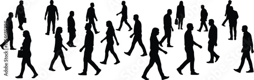 Black silhouette vector illustration showing diverse people walking in different directions carrying bags, briefcases, and casual postures