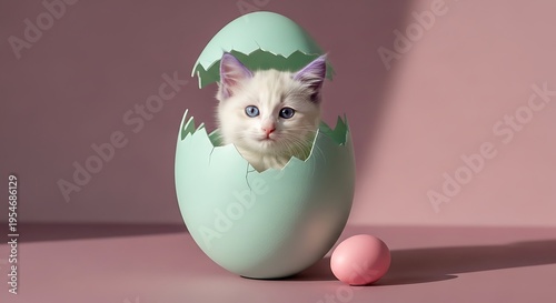 A cute white kitten peeking out from inside a large cracked light green easter egg on a pink background