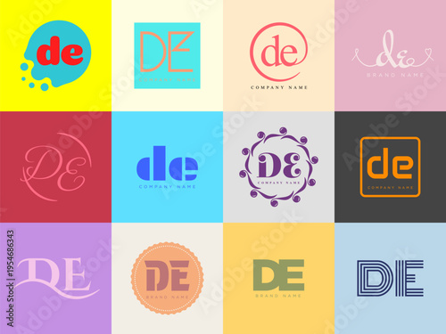 DE logo company template. Letter d and e logotype. Set different classic serif lettering and modern bold text with design elements. Initial font typography.