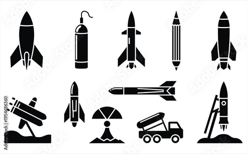 Black and white vector icon set featuring silhouette illustrations of industrial oil and energy equipment symbols for power industry sign design