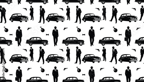 Black silhouette vector illustration showing repeating gangster noir pattern with vintage cars, suited figures, revolvers, bombs, and accessories