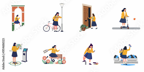 Vector Illustration Set of a Japanese Schoolgirl in Uniform Performing Daily Activities, Commuting, and Navigating the City Environment.