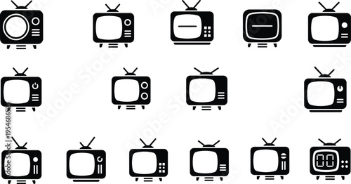 Black silhouette vector illustration showing vintage television sets with retro designs, antennas, knobs, and diverse screen styles