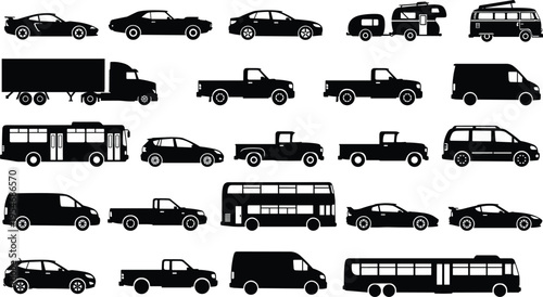 Collection of black silhouette vector illustrations showing diverse vehicles including cars, trucks, vans, buses, trailers, and campers