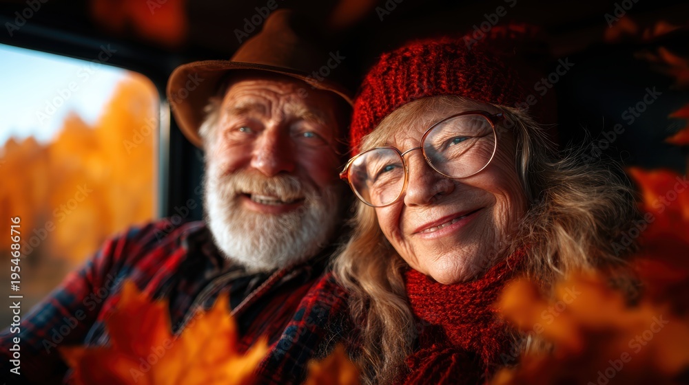 Fototapeta premium An elderly couple smiles warmly together, surrounded by autumn leaves, showcasing the beauty of companionship, love, and the joyful moments shared in the golden years of life.
