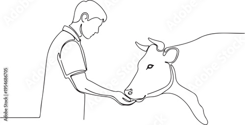 Vector illustration of a man petting a cow in a simple line art style