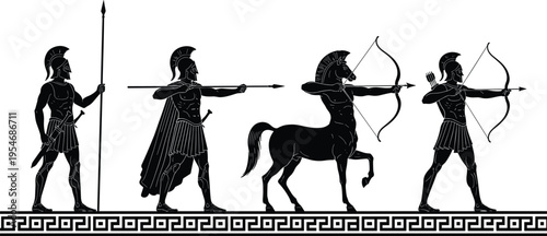 Black silhouette vector illustration showing ancient Greek warriors and centaur in mythological combat scene inspired by classical pottery art