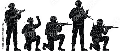 Black silhouette vector illustration showing armed soldiers in tactical gear with rifles in standing and kneeling combat positions