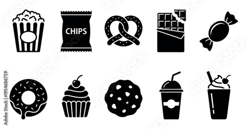 A black and white vector set of various snack icons including popcorn, chips, pretzel, chocolate, candy, donut, cupcake, cookie, and drinks.