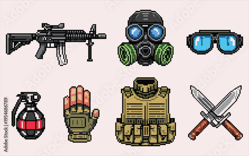  of black and white military firearms including a rifle, handgun, and revolver with metal triggers and bullets for army or protection equipment