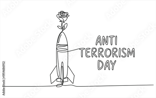 Rocket with Rose and Anti Terrorism Day Text Conceptual Symbol of Peace and Hope Minimalist Line Art