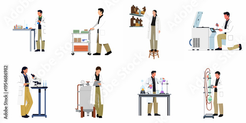 A diverse collection of flat vector illustrations featuring scientists and laboratory workers performing experiments, equipment maintenance, and clinical research in a lab.