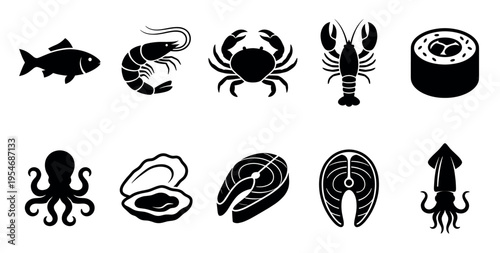 A collection of black silhouette icons representing various seafood items including fish, shrimp, crab, lobster, sushi, oyster, steak, and squid on a white background.