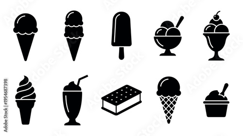 A collection of black icons representing various ice cream treats including cones, sundaes, popsicles and milkshakes on a white background.