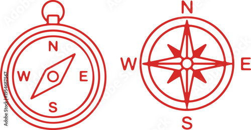 Two distinct designs of classic red compasses indicating cardinal directions.