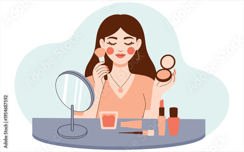  A smiling lady with pink hair looking in the bathroom mirror while holding her phone for a business call