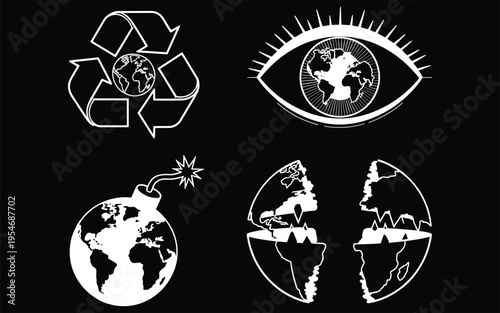 World Icons Recycling All-Seeing Eye Bomb Cracked Globe Vector Art