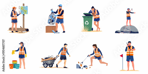 Collection of vector illustrations depicting environmental volunteers and beach cleaners in safety vests performing various waste management and coastal protection activities.