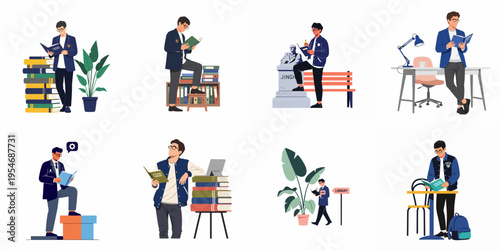 Collection of flat vector illustrations depicting a young male student reading and studying in various academic and library environments.