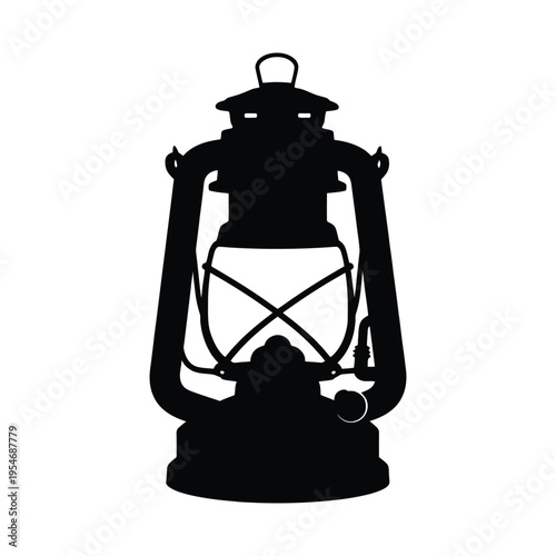 A detailed black silhouette illustration of a vintage kerosene oil lantern on a white background