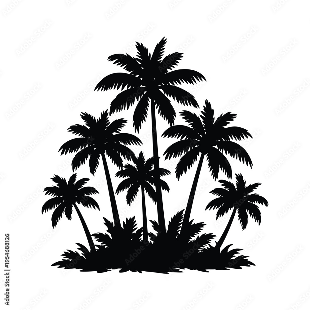 Fototapeta premium A detailed black silhouette of a tropical palm tree cluster isolated on a clean white background