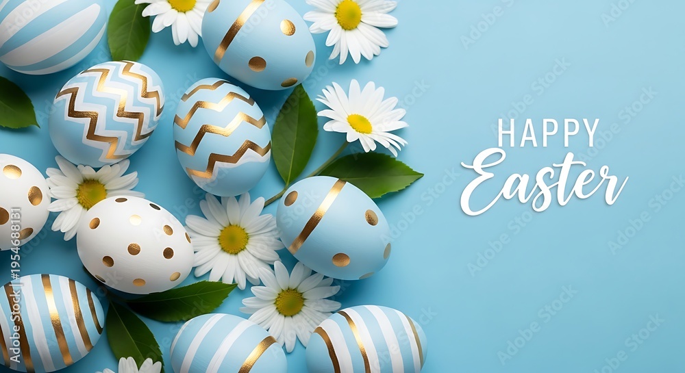 Obraz premium Happy easter greeting card with blue and white eggs with gold patterns and daisy flowers on blue background