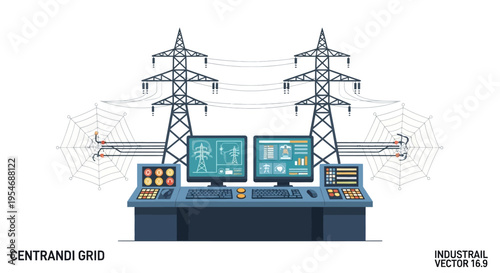 Centralized control room for managing an electrical power grid with high-voltage transmission towers and monitoring stations.