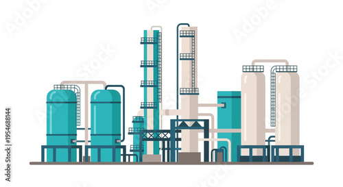 Illustration of a modern industrial complex with distillation towers, storage tanks, and intricate piping systems, representing chemical processing or manufacturing.