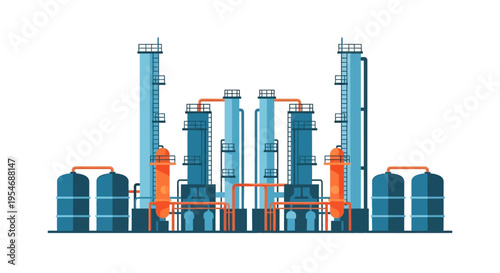 Illustration of a modern industrial chemical processing plant with distillation towers and storage tanks.
