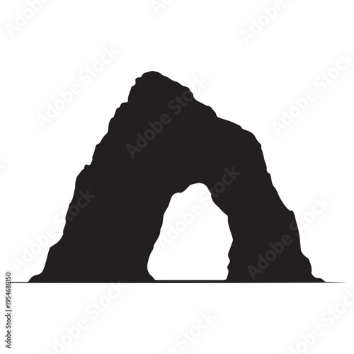 A stark black silhouette of a natural archway against a pale neutral background silhouette