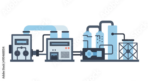 Illustration of a complex industrial processing plant with interconnected machinery, pipes, and tanks, representing chemical or manufacturing operations.