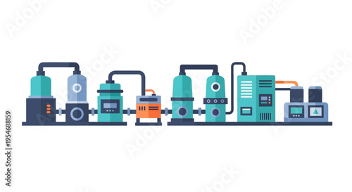 Illustration of a modern industrial water treatment plant with various tanks, pipes, and machinery.