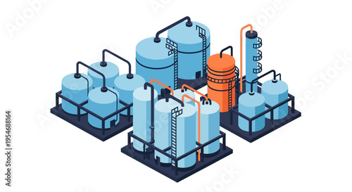 Isometric illustration of a chemical processing plant with multiple storage tanks and distillation columns, representing industrial production and manufacturing.