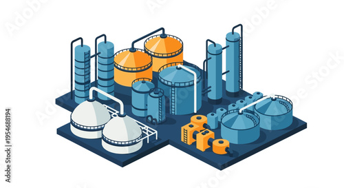 Isometric illustration of a complex industrial plant with various tanks, pipes, and distillation columns, representing chemical processing or manufacturing.