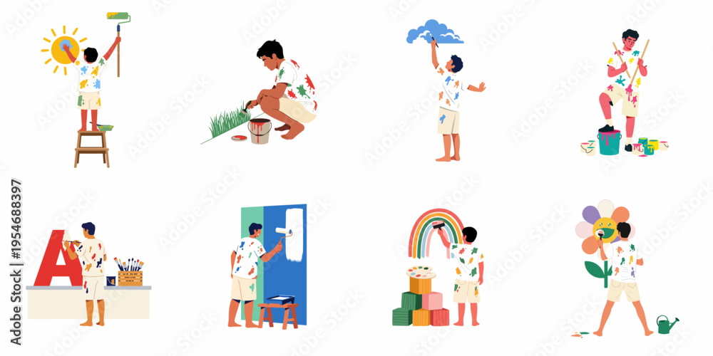 Fototapeta premium Set of flat vector illustrations featuring a young boy creatively painting nature elements, letters, and walls with colorful paint and brushes.