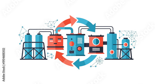 Illustrative diagram of a complex industrial chemical processing plant with interconnected machinery and cyclical flow.