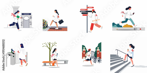 Collection of flat vector illustrations depicting a female university student's daily life and activities on a college campus.