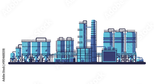 Modern industrial complex with blue silos, towers, and interconnected pipelines under a white background, representing manufacturing and production.