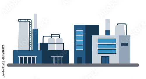 Modern industrial factory buildings with tall chimneys and sleek architectural designs, representing manufacturing and production.