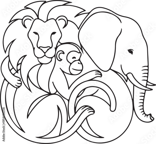 Vector illustration of lion, monkey, and elephant
