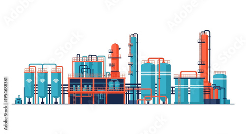 Illustration of a modern industrial chemical processing plant with distillation towers and storage tanks.