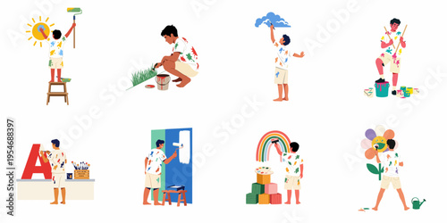 Set of flat vector illustrations featuring a young boy creatively painting nature elements, letters, and walls with colorful paint and brushes.