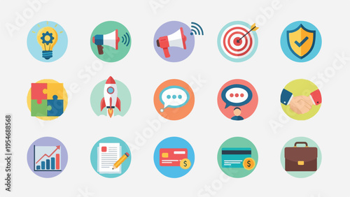 Collection of business concept icons inside of colorful round borders
