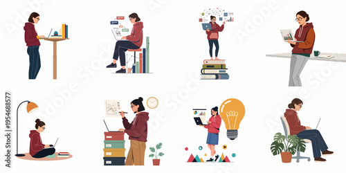 Set of vector illustrations depicting a young woman in a hoodie working and studying in various creative environments with a laptop.