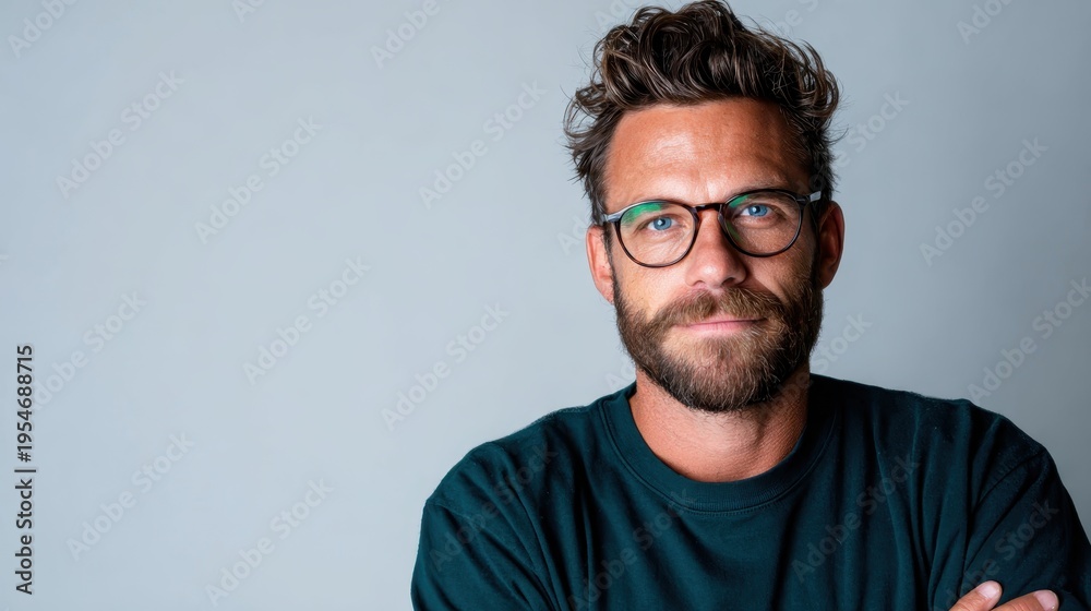 Fototapeta premium A confident man with stylish glasses poses against a minimalistic background, representing modern professionalism and individuality in an engaging and relaxed portrait.