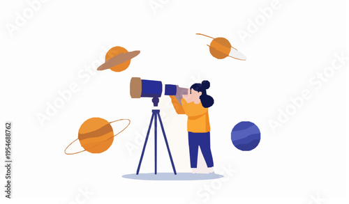 Astronomy Museum Visitor Woman Using Telescope with Planets Vector Illustration